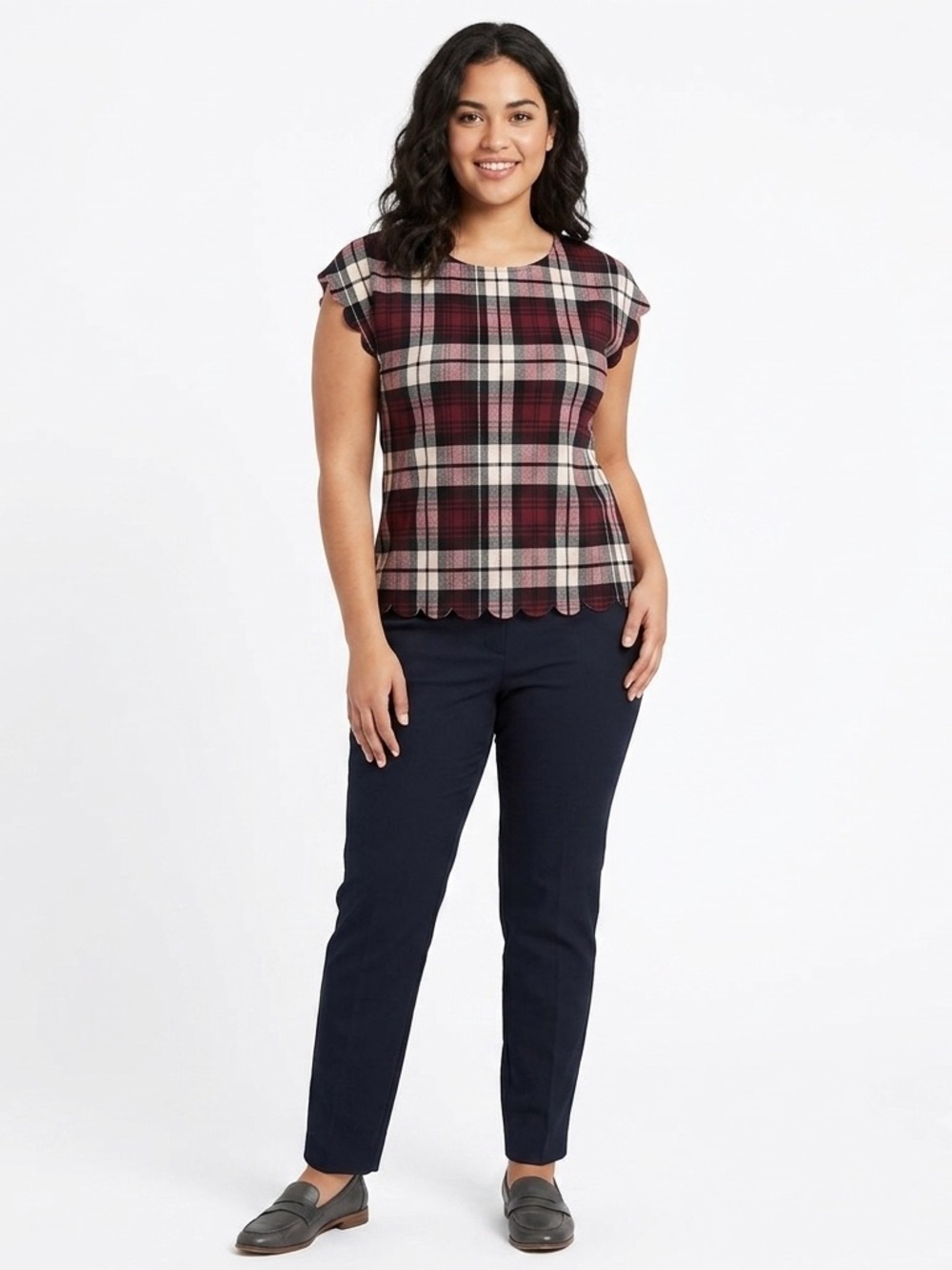 Mandy Evans NWOT Stretchy Short Sleeve Top Plaid Scallop